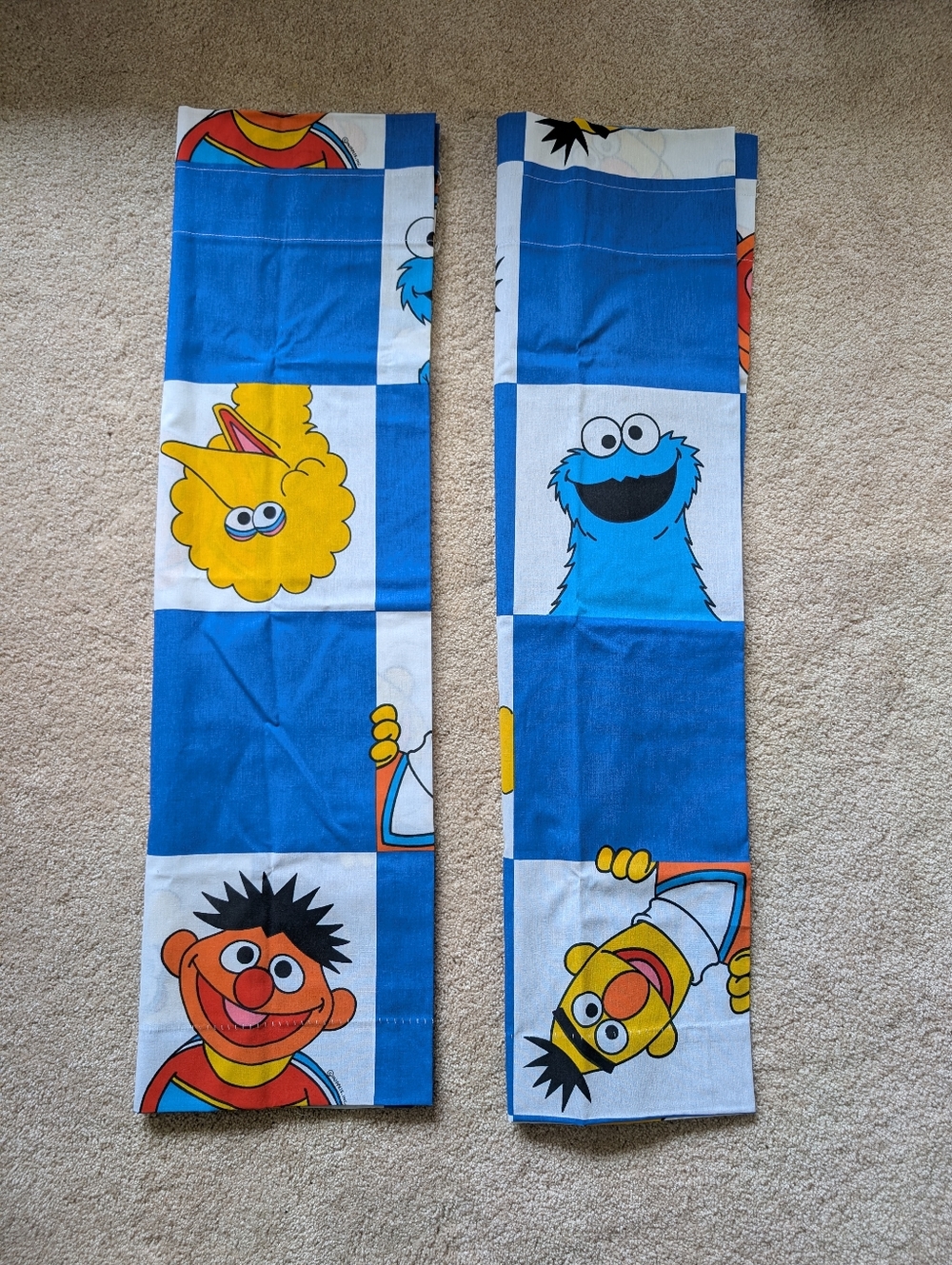 Vintage Sesame Street Muppets Blue White Checkered 2 Panel Bedroom Curtains